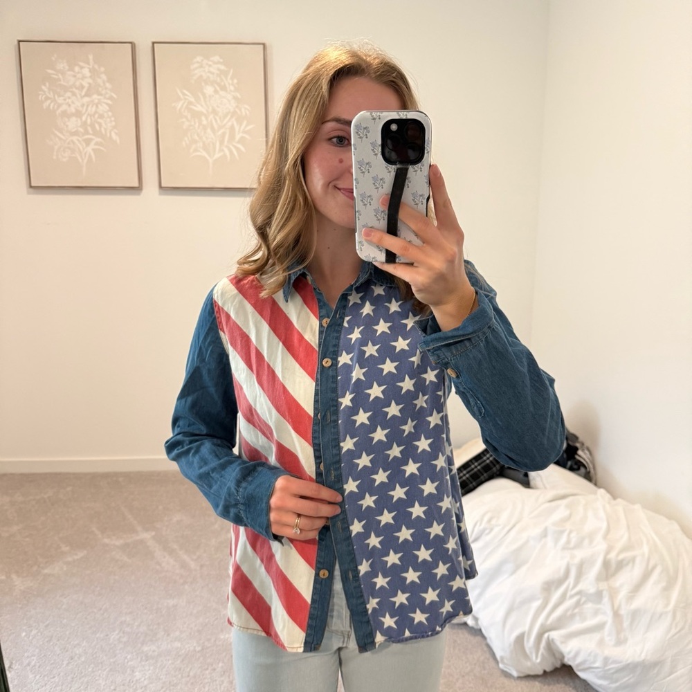 BDG Medium Patriotic American Flag Denim Button-Up Shirt - Picture 3 of 4